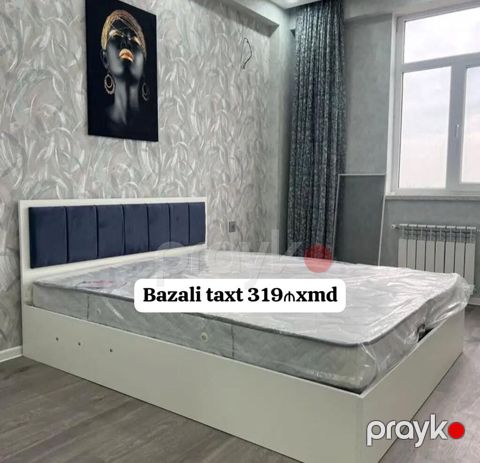 Bazalı taxt - Rəng: ağ gövdə, tünd mavi yumşaq başlıq panelləri — Bakı