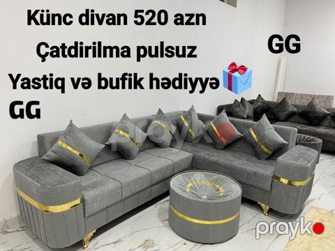 Künc divan dəsti – müasir dizayn, boz rəng, qızılı dekor xəttləri və