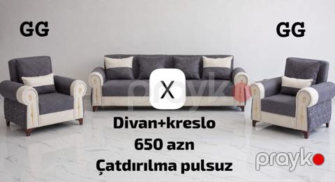 Divan və kreslo dəsti - Komplekt: 1 divan + 2 kreslo - Rəng: tünd boz — Bakı