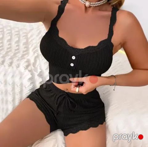 Qadınlar üçün şortlu pijama dəsti 0990, qara, elastan/poliester, ölçü XL — Bakı
