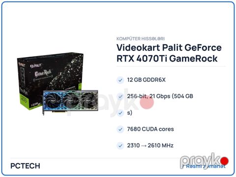 Video kart Palit GeForce RTX 4070Ti GameRock (NED407T019K9-1045G) — Bakı