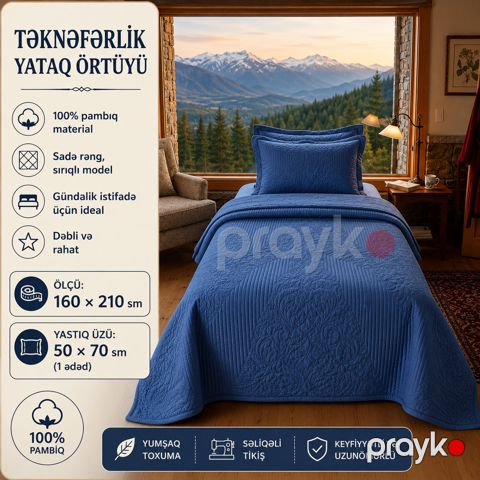 Örtük və yastıq üzü dəsti Etro, Birnəfərlik, 160x210 sm, Pambıq, tünd göy — Bakı