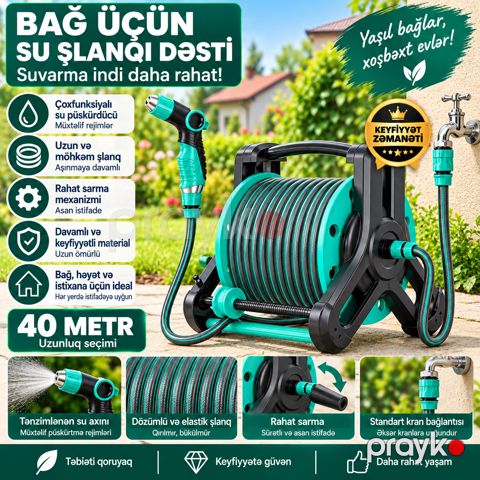 Şlanq arabası, yerüstü, polipropilen, yaşıl/qara, 40 m — Bakı