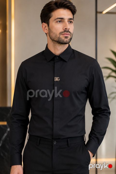 Uzunqol kişi köynəyi, pambıq, qara, ölçü XL — Bakı