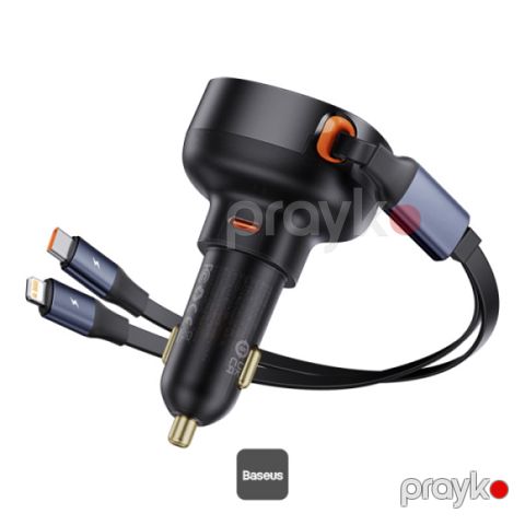 Baseus Enjoyment Pro Series 60W Avtomobil Şarj Cihazı Type-C Port + Type-C &amp; Lightning Retractable Kabel Black C00057802111-00 — Bakı