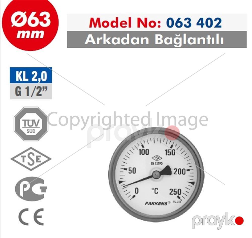 Termometr manometrik arxa bağlantılı Ø63 mm 120°C 5sm 1/2'' CL 2,0 Bimetal Pakkens 0634020105 — Termometrlər, Bakı (2)