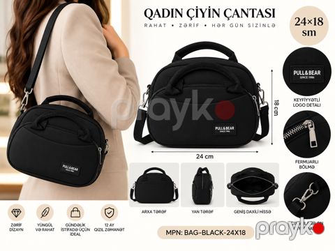 Çiyin çantası, Qara, Elastan/Parça/Süni dəri, 24 sm — Bakı