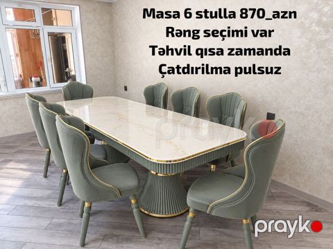 Yemək otağı üçün zərif masa–stul dəsti - Dəst: 1 masa + 6 stul — Bakı