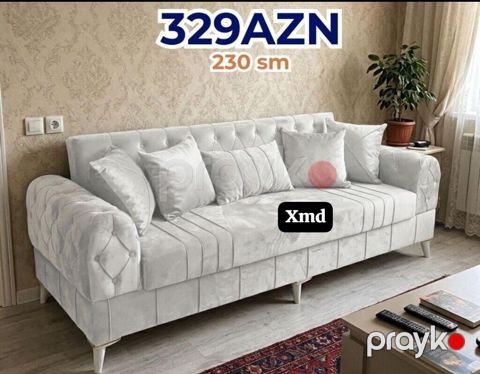 Ağ rəngdə, zərif dizaynlı yumşaq parça divan. – Uzunluq: 230 sm — Bakı