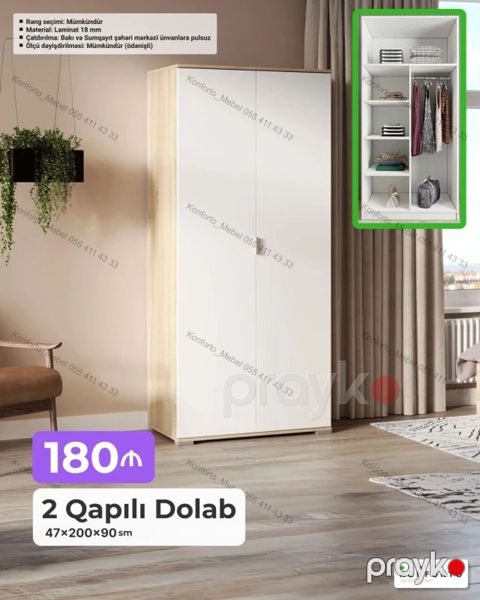 2 qapılı geyim dolabı - Ölçü: 47×200×90 sm - Material: 18 mm laminat — Bakı