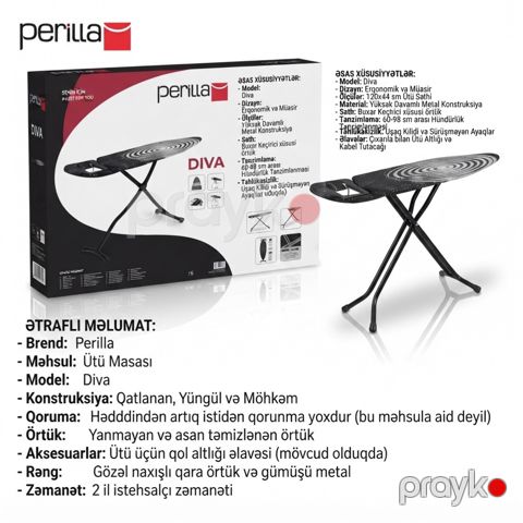 Ütüləmə lövhəsi Perilla Diva, döşəməüstü, 120x44x100 sm, boz — Bakı
