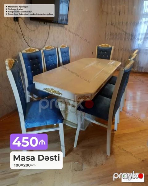 Məhsul: Masa Dəsti - Ölçü: 100×200 sm - Komplekt: 1 masa + 6 stul — Bakı