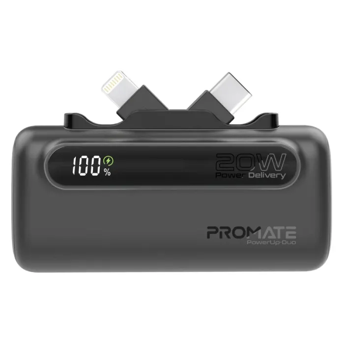 Promate PowerUp-Duo 5000mAh 20W Mini Power Bank – Usb-c &amp; Lightning, Qara — Bakı