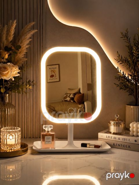 LED işıqlı makiyaj güzgüsü - Düzbucaqlı, yumşaq künclü masaüstü güzgü — Bakı