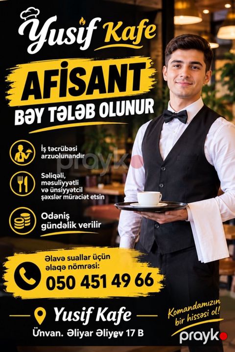 Ofisiant tələb olunur, Kafe, Gündəlik ödəniş, Təcrübəsiz — Bakı