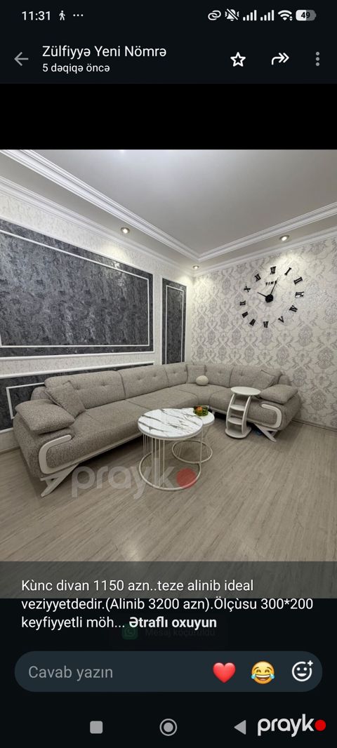 Kùnc divan 1150 azn. teze alinib ideal veziyyetdedir.(Alinib 3200 — Bakı