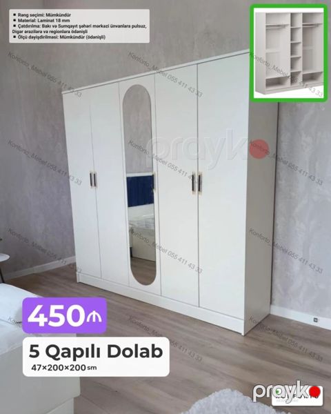 5 qapılı şkaf – 47×200×200 sm – Material: 18 mm laminat – Rəng — Bakı