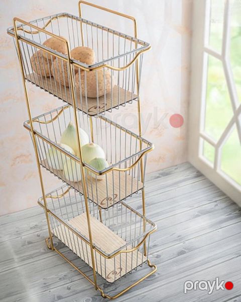 Meyvə və tərəvəz üçün etajerka vm415, taxta/metal, qızılı/gümüşü, 3 mərtəbəli, 30x18x68 sm — Bakı