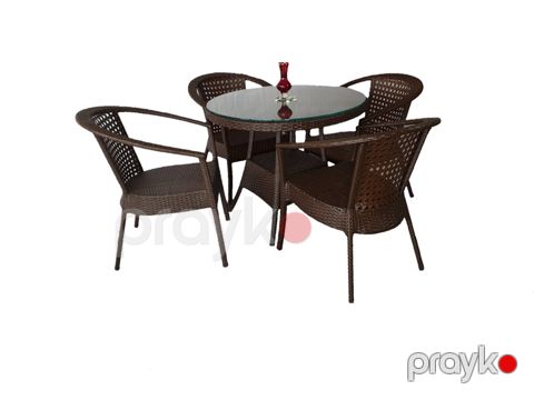 Bağ üçün mebel dəsti Zili Rattan Sofiya, 4 nəfərlik, qəhvəyi; masa ölçüsü: diametr 90 sm, hündürlüyü 75 sm; stul ölçüsü: eni 63 sm, hündürlüyü 80 sm — Bakı