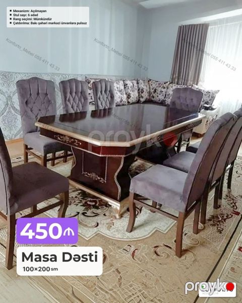 Masa Dəsti – 100×200 sm - Klassik üslubda massiv ayaqlı, dekorativ — Bakı