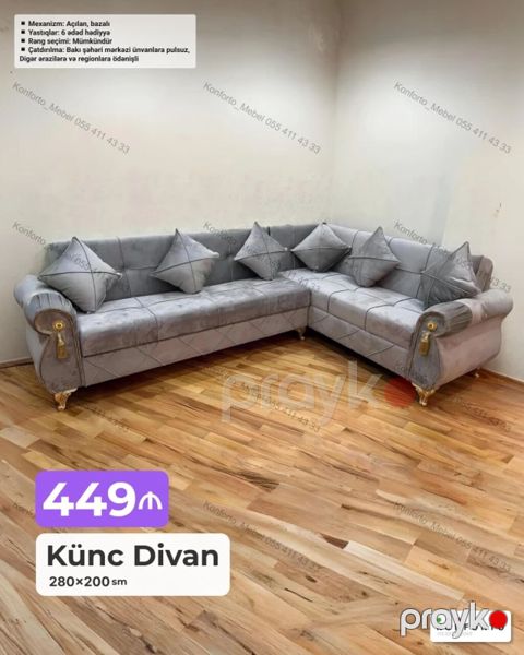 Künc divan – 280×200 sm - Mexanizm: Açılan, bazalı (şaxlanan yataq — Bakı