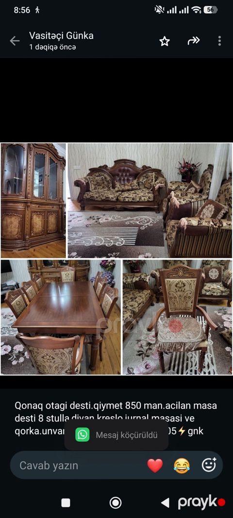 Qonaq otagi desti.qiymet 850 man.acilan masa desti 8 stulla,divan — Bakı