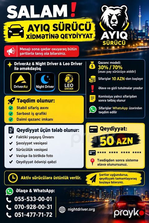 Ayiq Sürücü Xidmətinə Qeydiyyat DriverAz, Night Driver və Leo Driver — Bakı