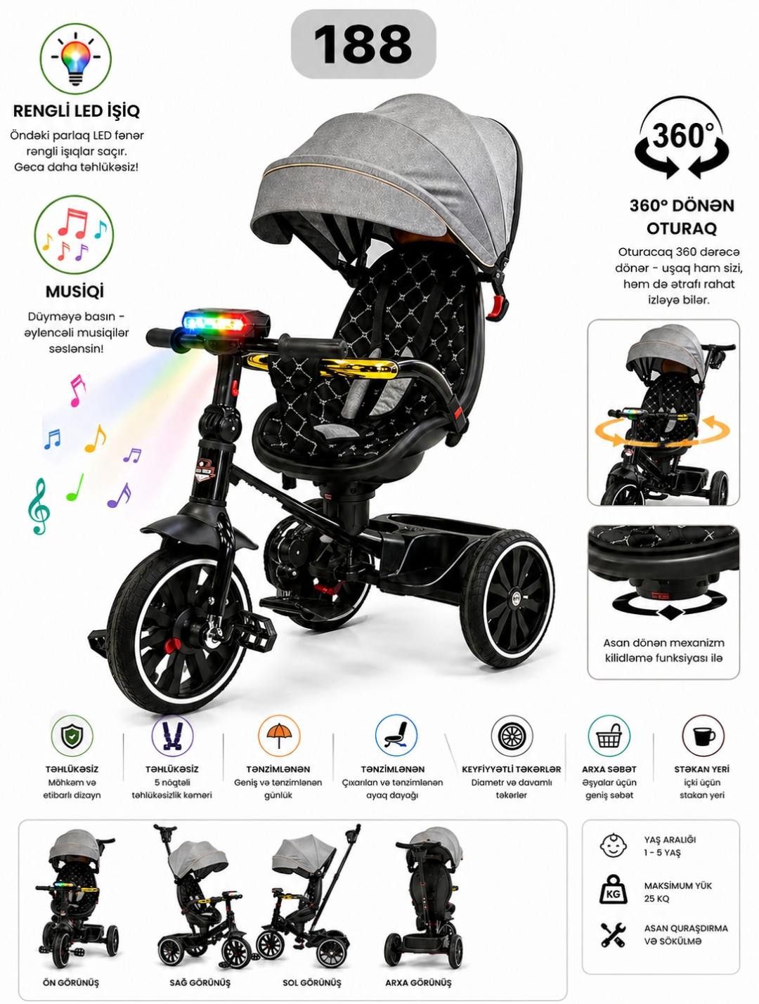 Uşaqlar üşün Üçtəkərli velosiped ABC_188, işıqlı/musiqili — Mallar, Bakı (3)