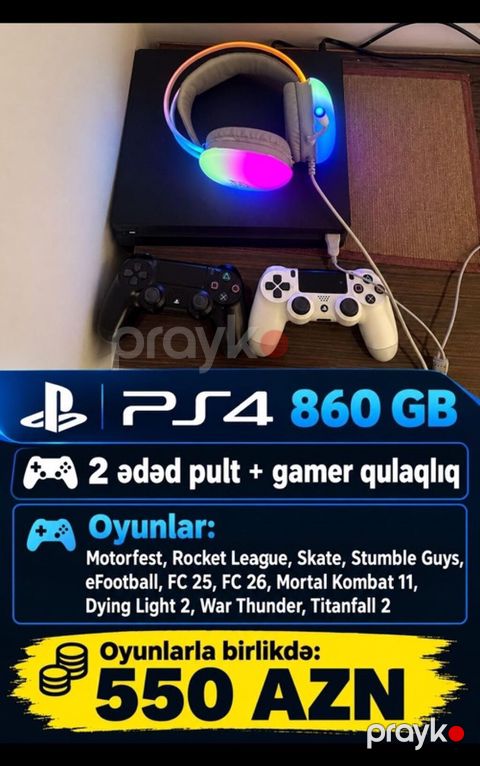 PS4 oyun konsolu – 860 GB yaddaş Komplekt: - 2 ədəd DualShock pultu — Bakı