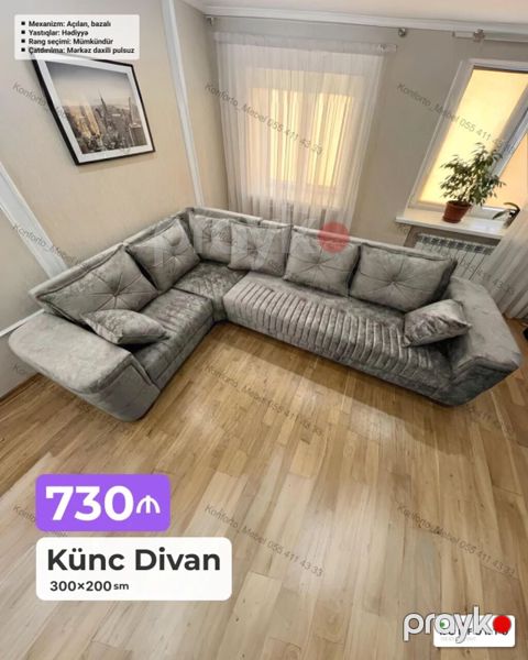 Künc divan – 300×200 sm - Mexanizm: açılan, bazalı (yataq funksiyası — Bakı