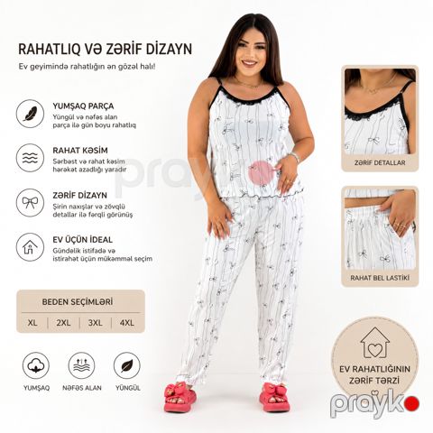 Şalvarlı pijama dəsti qadınlar üçün, Ağ, Pambıq/Poliester, ölçü M/L — Bakı