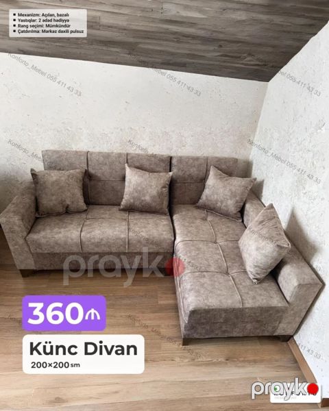 Künc divan – 200×200 sm - Mexanizm: açılan, bazalı (yataq funksiyası — Bakı