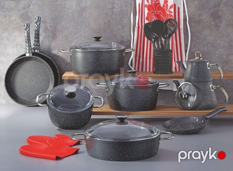 Qazan dəsti Bonera, 24 parça, qranit, induksion dabanlı, paslanmayan metal qulplu, şüşə qapaqlı, qalınlıq 4.5 mm, soba və qab yuyan maşına üçün uyğun, qara - ZTW-AB586 — Bakı
