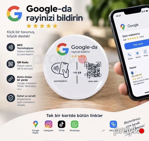 NFC Google Rəy Kartı Google Reviews + Instagram + WhatsApp — Bakı