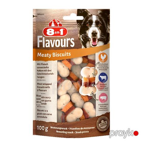 İtlər üçün məzə 8in1 Flavours Meaty Biscuits, donuz əti, toyuq və mal əti, 100 q — Bakı
