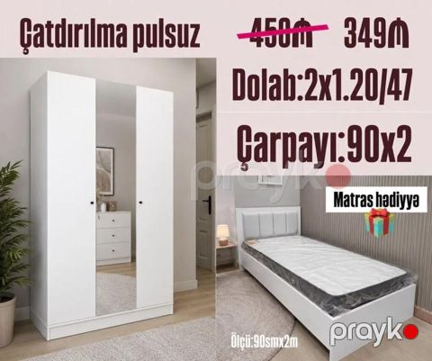Ağ rəngdə yataq otağı dəsti. - Çarpayı ölçüsü: 90 x 2 m (ölçü: 90 sm — Bakı