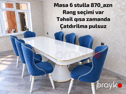 Yemək dəsti – masa + 6 stul - Komplekt: 1 ədəd geniş, ovala yaxın — Bakı