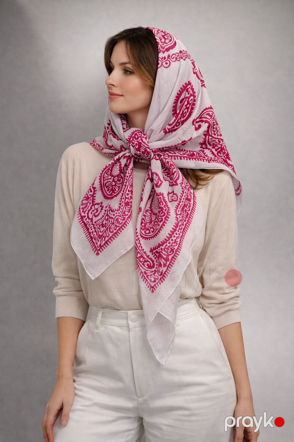 Qadınlar üçün yaylıq KG8, pambıq, ağ/çəhrayı, 140x140 sm — Mallar, Bakı (3)