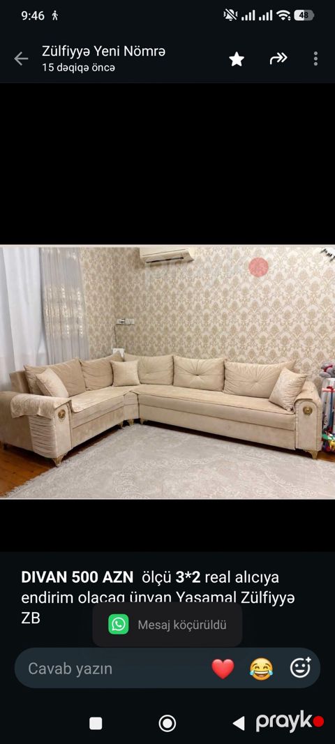 *Dıvan 500 AZN* ölçü *3*2* real alıcıya endirim olacaq ünvan Yasamal — Bakı