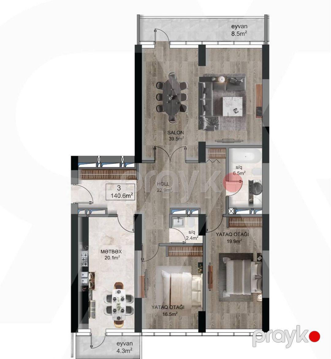 Satılır 3 otaqlı yeni tikili 140.6 m² — Mənzil, Bakı (3)