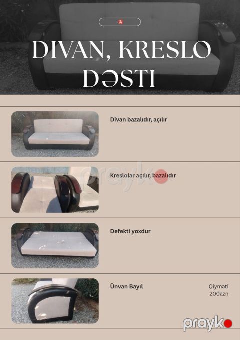 İşlənmiş, Divan, 2 kreslo, Bazalı, Açılan — Bakı