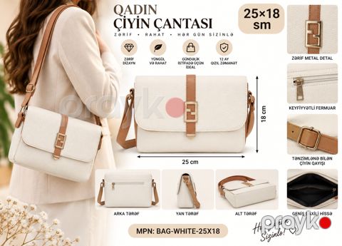 Çiyin çantası, Ağ, Süni dəri, 25 sm — Bakı