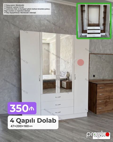 4 qapılı şkaf – 47×200×160 sm Material: 18 mm laminat Rəng seçimi — Bakı