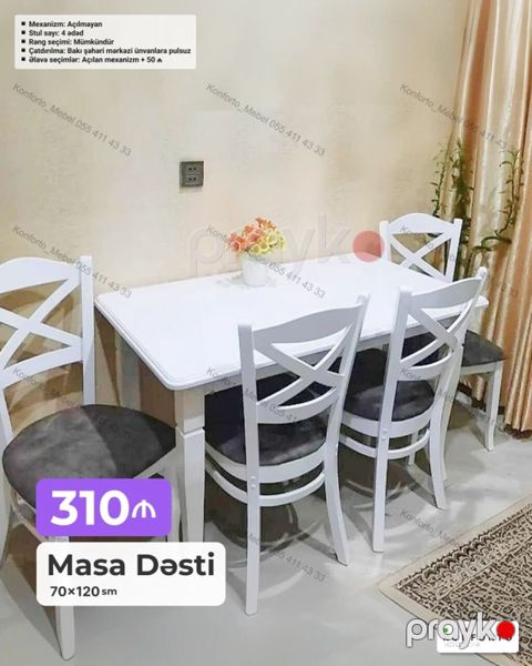 Məhsul: Masa Dəsti – 70×120 sm - Komplekt: 1 masa + 4 ədəd stul — Bakı