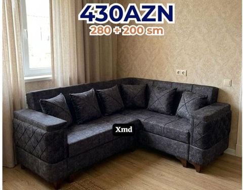 Künc divan – tünd boz rəng, müasir dizayn. Ölçü: 280 + 200 sm (L — NM Mebel — დივნები