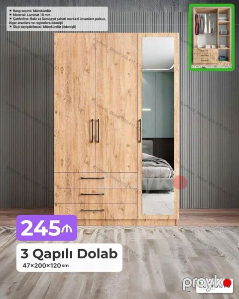 3 qapılı geyim dolabı – 47×200×120 sm - Material: 18 mm laminat — Bakı