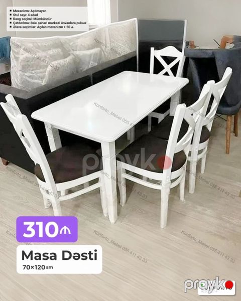 Masa dəsti – 70×120 sm - Dəst: 1 ədəd masa + 4 ədəd stul - Masa — Bakı