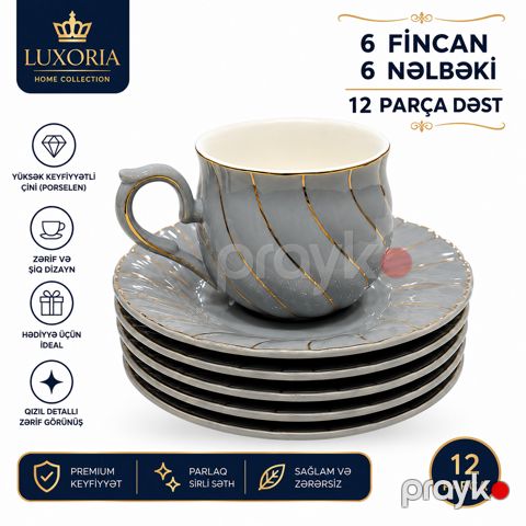 Çay dəsti Luxora, keramika, boz, 200 ml, 12 parça — Bakı