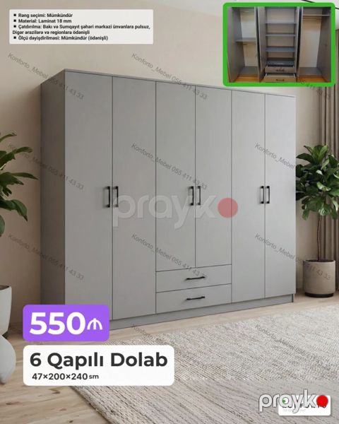 6 qapılı geyim dolabı – 47×200×240 sm - Modern, sadə dizaynlı, boz — Bakı