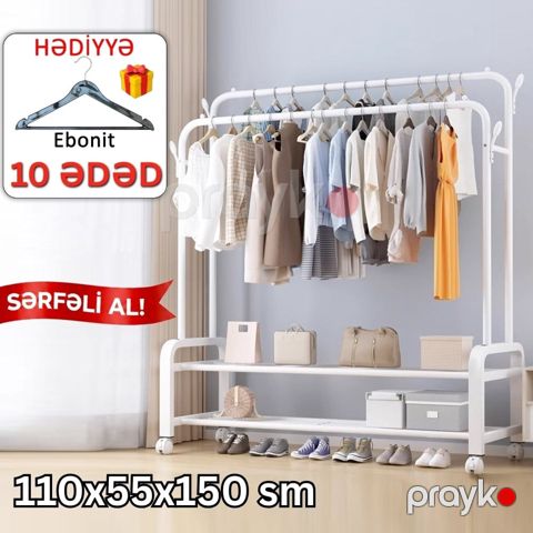 Paltarasan reyl FenExHome, dəmir, ağ, 110x55x150 sm + hədiyyə Ebonit asılqanlar, 10 ədəd, qara - FenEx_Home_008_Wh_Ebo10_Bl — Bakı